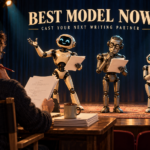 A screenwriter auditions three robot writing assistants on a small stage beneath a Best Model Now sign.